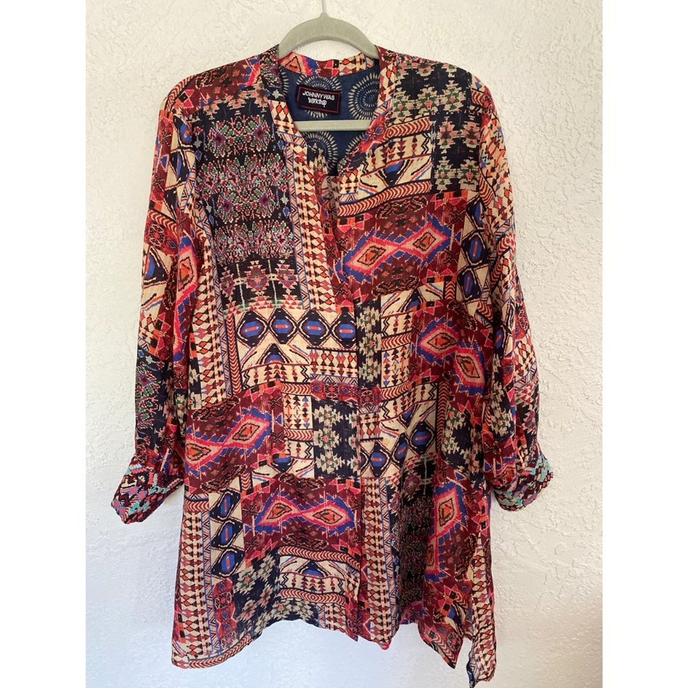 Johnny Was Workshop Ramie Tribal Print Button Down Dress